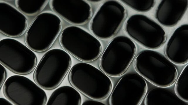 Microscopic oval holes in stainless steel sheet created with high-precision laser cutting, slowly rotating on black background