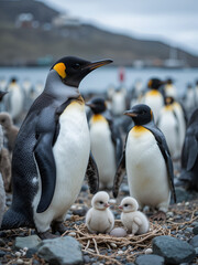 Fototapeta premium Gentoo penguins and rookery with chicks and eggs in port Stanley Falklands