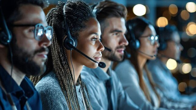 Connected Minds: A dynamic group of customer support specialists focused, working collaboratively, creating an atmosphere of collaboration and effective communication in a fast-paced environment.