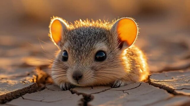 Ultra Macro Shot of Baby Long-eared Jerboa Resting in Desert at Golden Hour