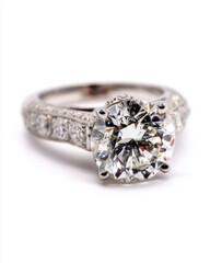 Elegant Diamond Engagement Ring with Pave Band on White Background for Jewelry Advertising