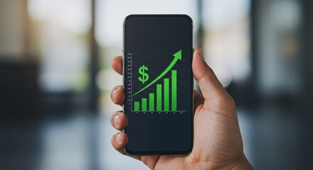 A man holds a smartphone displaying a growing financial graph with a dollar sign. Concept of stock market rising, investment and financial growth analytics.
