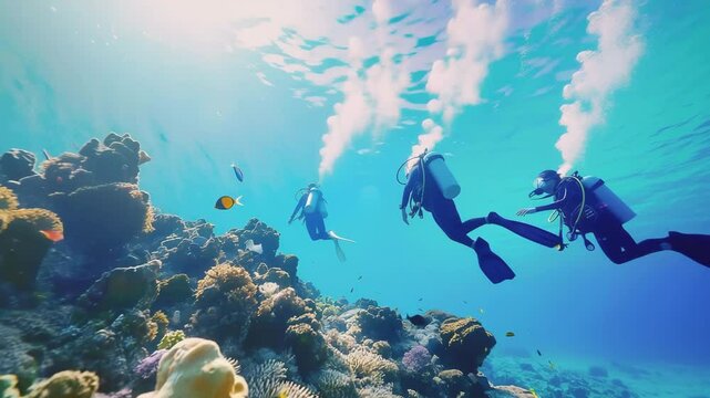 サンゴ礁を潜るスキューバダイビングの風景