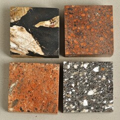 Four square stone samples, showcasing variations in color and texture  Natural stone slabs, exhibiting different patterns,  ranging from dark veined to speckled  Possible use in design, construction