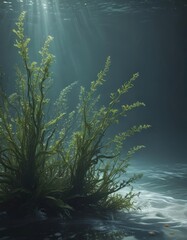 Flowing seaweed dances with gentle waves, ethereal underwater scene , marine, visuals