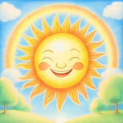 Fototapeta premium Cheerful sun drawing with rainbow, perfect for childrens books, wellness products, summerthemed designs, educational materials, and positive messaging.