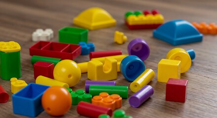 Naklejka premium Colorful Building Blocks in a Playful Arrangement on Wood 