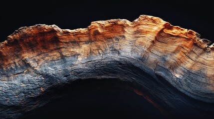 Burnt tree bark texture with orange and dark blue color against black backdrop. Perfect for nature, fire related designs, and abstract background needs.