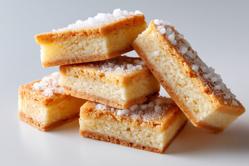 Traditional shortbread cookies arranged in minimalist style with sugar crust. Clean white setting highlighting sweet treats. Concept of bakeries, dessert shops, culinary arts