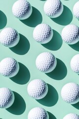 Fototapeta premium Golf balls on a light green background in a pattern with hard shadows creating a modern look
