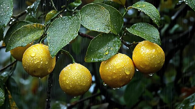 Close-up shot of vibrant lemons hanging from branch during light rain shower