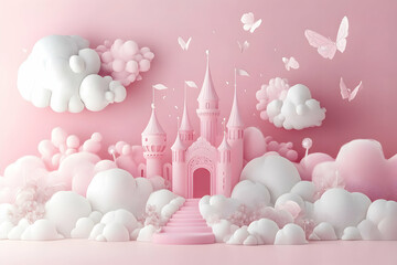 Pink castle with clouds and butterflies in a whimsical fantasy setting.
