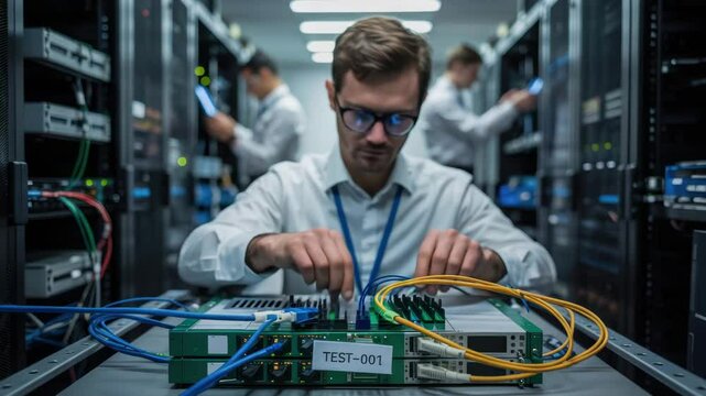 Computer engineering technician performing network server room cable connection testing and maintenance for reliable technology systems