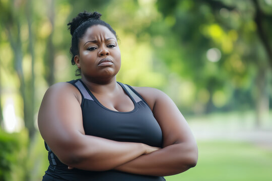 Waist-up view of an overweight Black woman in a black tank top, arms crossed and tired after jogging green park, has serious and somewhat displeased expression, emphasizes fitness and health struggles