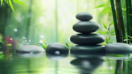 Obraz premium A serene stack of balanced stones in a tranquil bamboo forest setting, reflecting calmness and peace.