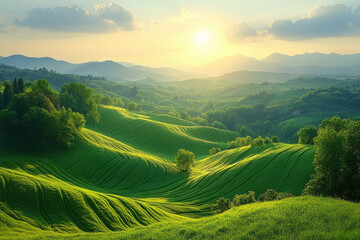 Fototapeta premium Beautiful Valley Landscape with Rolling Hills and Sunlit Mountains