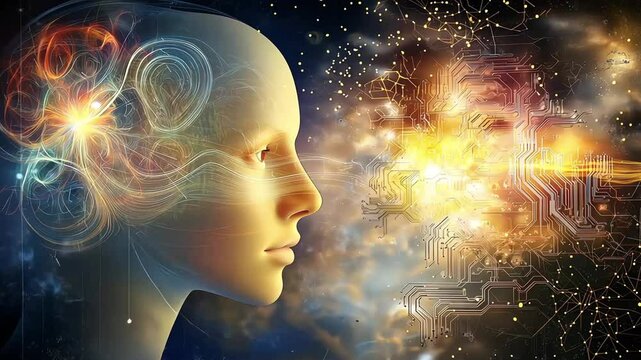 A conceptual animation of a female face surrounded by glowing lights and neural-like patterns, symbolizing imagination and creativity