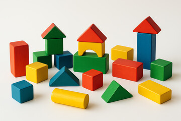 Obraz premium A colorful arrangement of wooden building blocks, showcasing various shapes like cubes, cylinders, and pyramids that inspire creativity and imaginative play for children.