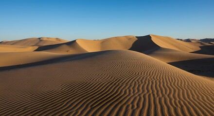 Desert sand dunes with rippling patterns under a blue sky (horizontal).
