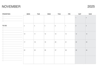 November 2025 A4 Monthly Calendar, Dated NOVEMBER Planner
