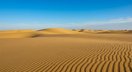 Desert sand dunes with rippling patterns under a blue sky (horizontal).
