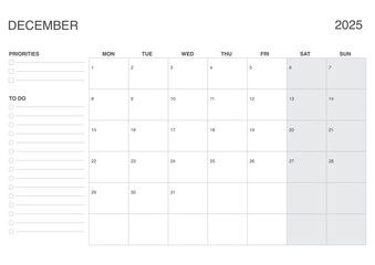 December 2025 A4 Monthly Calendar, Dated DECEMBER Planner