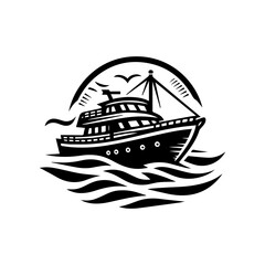 Black and white vector artwork of a retro steamboat on a peaceful river journey illustration