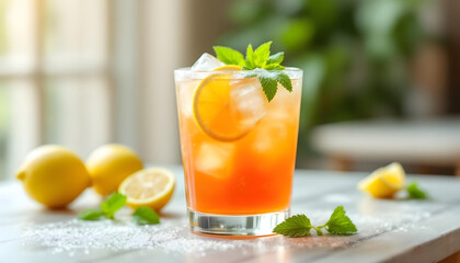 Fototapeta premium Cold citrus drink with bright mint garnish served in natural light on a healthy refreshing table