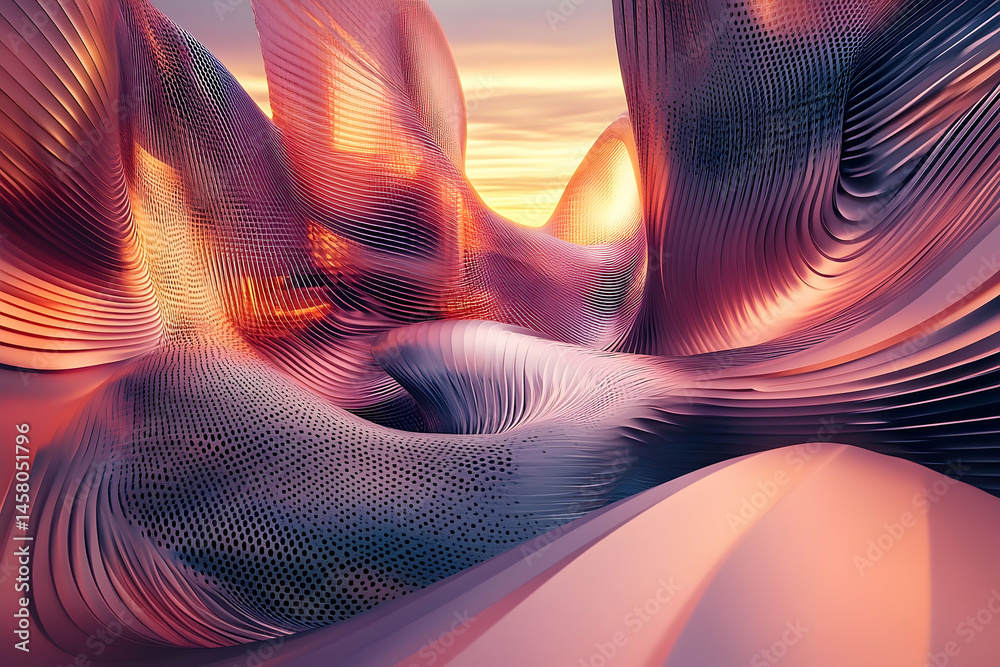 Poster abstract architectural design with flowing metallic structures.