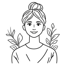 Young woman smiling with hair bun and plants on both sides  