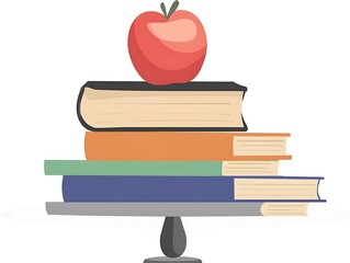 A stack of books forms a pedestal, topped with a vibrant red apple, symbolizing knowledge and learning