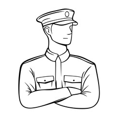 Outline drawing of male soldier standing with arms crossed  