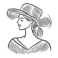 Outline of a young woman wearing a wide-brimmed hat with flowing hair  