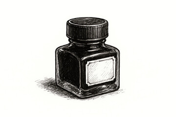 This illustration features a classic ink bottle, highlighting its vintage design and intricacies
