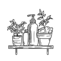 Line drawing of natural skincare products and potted plants on shelf  