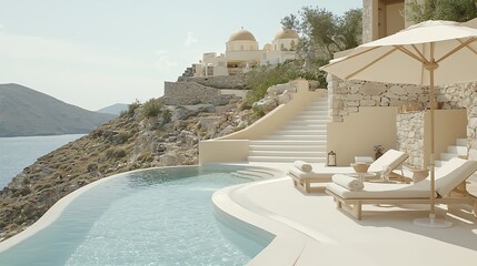 Fototapeta premium Tranquil Villa with Infinity Pool Overlooking Serene Seascape