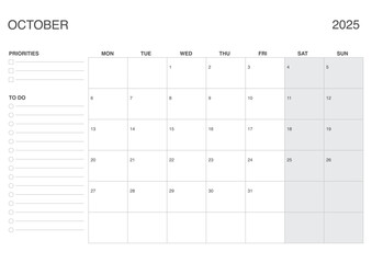 October 2025 A4 Monthly Calendar, Dated OCTOBER Planner