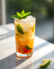 Summer beverage of citrus and mint in glass with ice served cold in a sunlit space