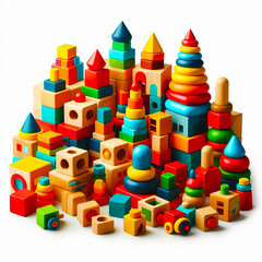 Naklejka premium Wooden Building Blocks Set Isolated - Primary Colors Childhood Toy Objects