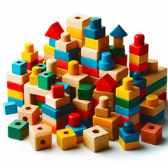 Obraz premium Wooden Building Blocks Set Isolated - Primary Colors Childhood Toy Objects