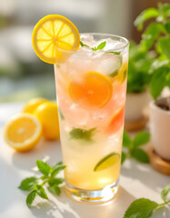 Fototapeta premium Refreshing cold lemonade with mint and lime served in transparent glasses during a bright sunny day
