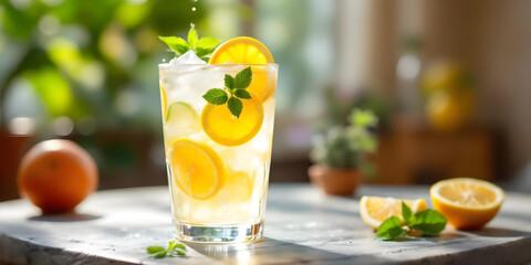 Fototapeta premium Fresh squeezed citrus juice served cold with mint garnish on a table in warm natural daylight
