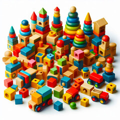  Wooden Building Blocks Set Isolated - Primary Colors Childhood Toy Objects