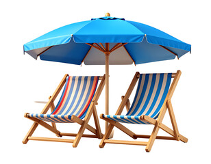 Relaxing Beach Scene: Two Striped Deck Chairs Under a Blue Umbrella