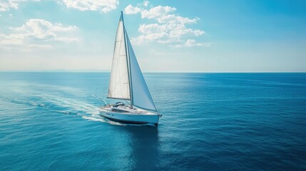 Fototapeta premium A white sailboat glides on the clear blue sea under a bright sky with scattered clouds.