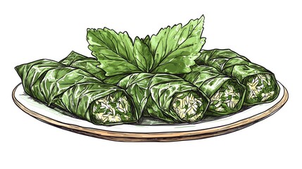 Obraz premium Hand-drawn illustration of several dolmas on a plate.