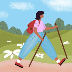 Tourist goin with walking sticks