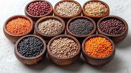 Assortment of various colored lentils in wooden bowls