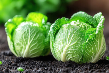 Fototapeta premium Fresh green cabbages growing in rich soil, surrounded by natural outdoor light and vibrant leaves.