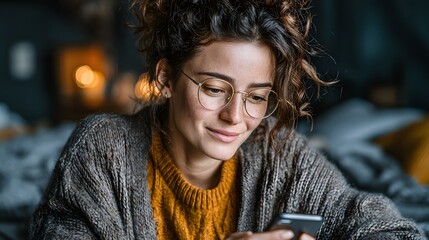Junge Frau mit Strickjacke und Smartphone in gemütlicher Wohnatmosphäre
